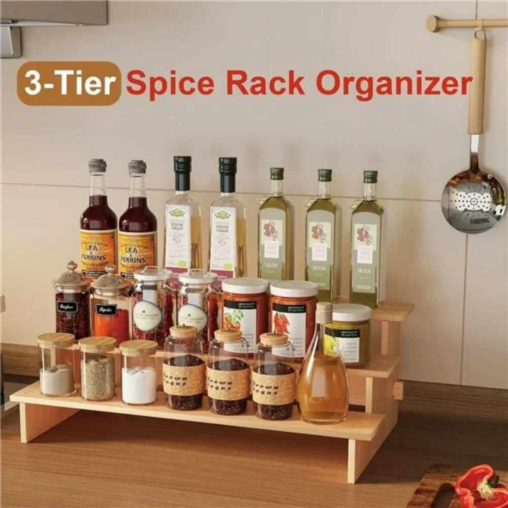 3 tier bamboo spice rack organizer kitchen cabinet pantry shelf storage jars can